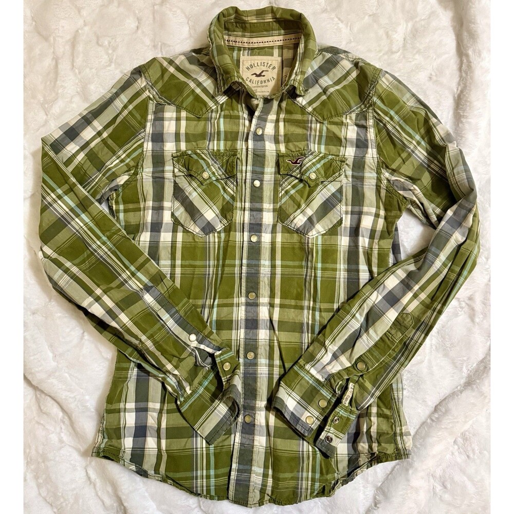 Men’s Size Small Hollister Pearl Snap Western Shirt Green